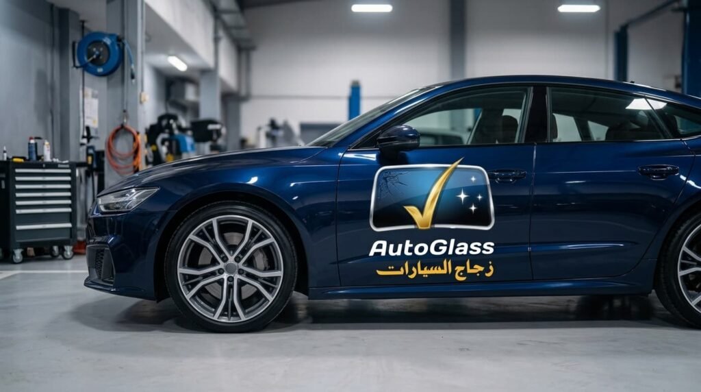 Dark blue car with autoglass logo